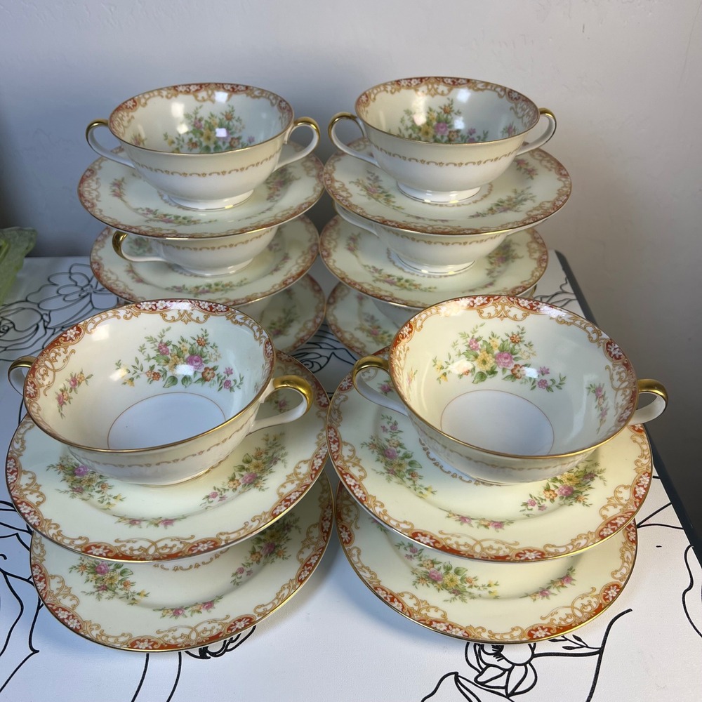 Vintage Noritake Japan Cream Soup Bowls and Saucers Set of 10 Floral Gold Trim